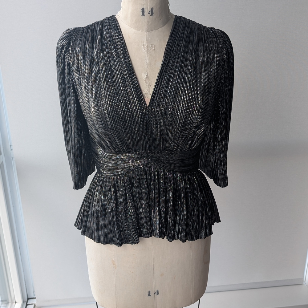 Sabina Musayev Black Metallic Pleated V-Neck Peplum Blouse